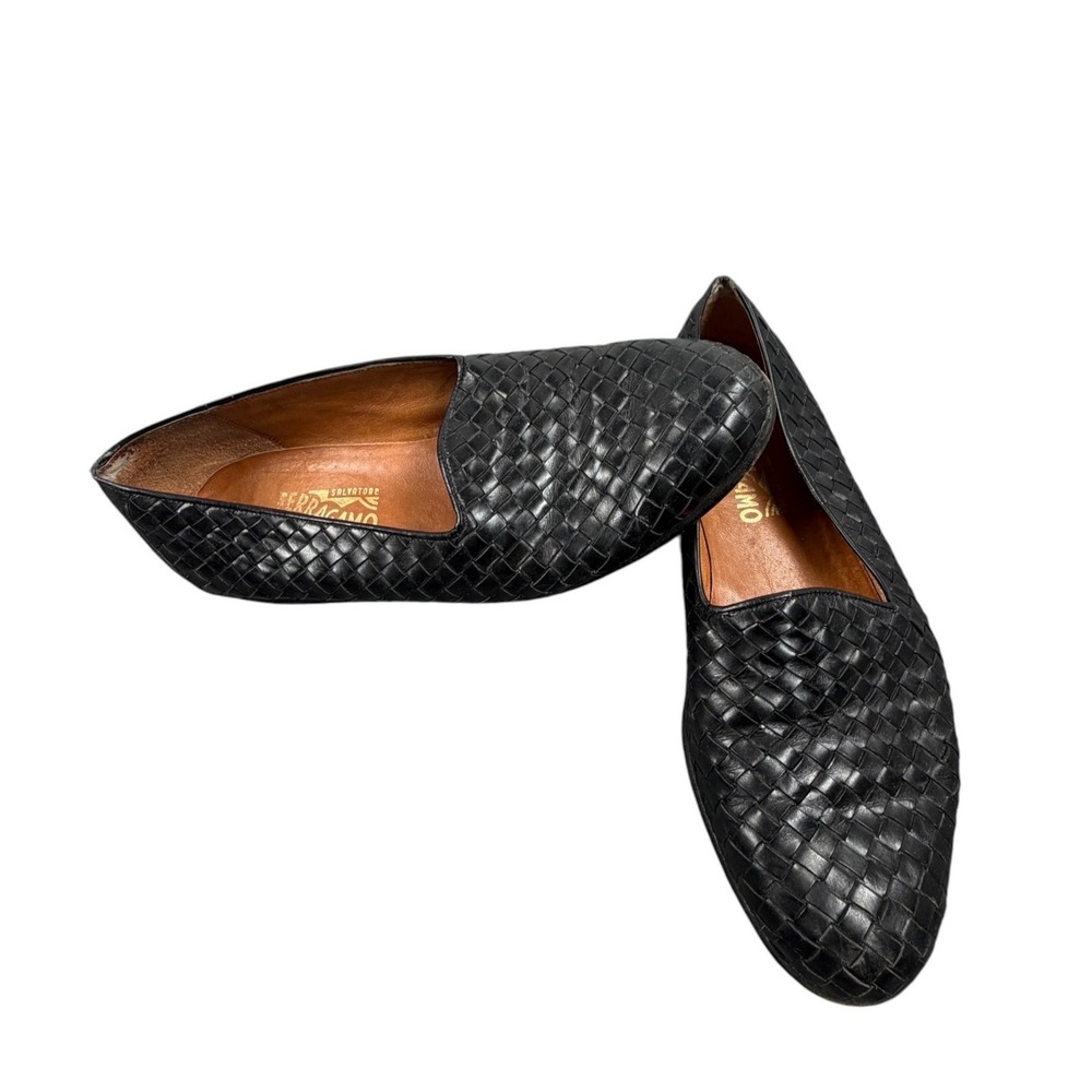 Salvatore Ferragamo Mens Loafers Woven Leather Slip On Dress Shoes Black 11 EE